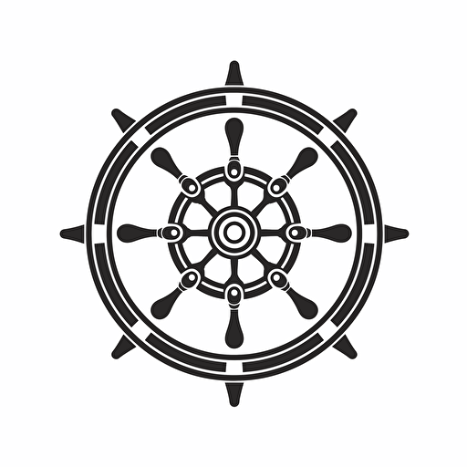 a simple Black on white logo of a ship steering wheel, Flat vector logo