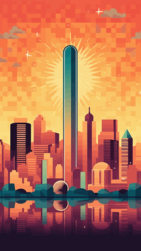 Dallas Texas City Skyline vector art, 1980s poster, pretty colours, geometric minimalism