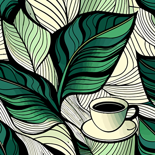 seamless pattern of an abstract vector art of green leaves, cup of tea, botanical, modern, cubist style, 2d, black outline