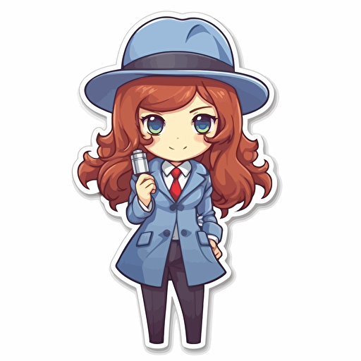 Sticker, Happy Colorful female detective, long reddish auburn, blue eyes, kawaii, contour, vector, white background