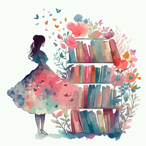watercolor vector art, pastel abstract illustrations, cozy bookshelf, joyful, powerful, in dress, watercolor, butterfly, flowers