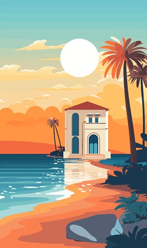 greek building on the beach, sea, ocean, sky, blue and orange, simple vector art style