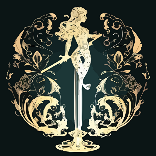 duelist rapier sword Gold hilt modeled in the shape of a mermaid silhouette. Blacksmith design style, goldsmith, vector drawing style