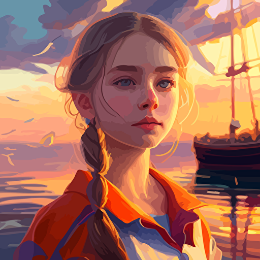 flat vector illustration:: vivid light blue and orange:: transparent background:: by Vivian Mineker:: young girl in sail boat on tranquil lake at sunrise