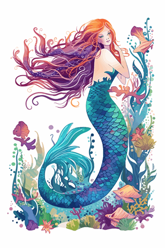 A whimsical vector illustration of a mermaid lounging on a rock in the ocean, featuring a colorful tail, flowing hair, and an underwater world white background