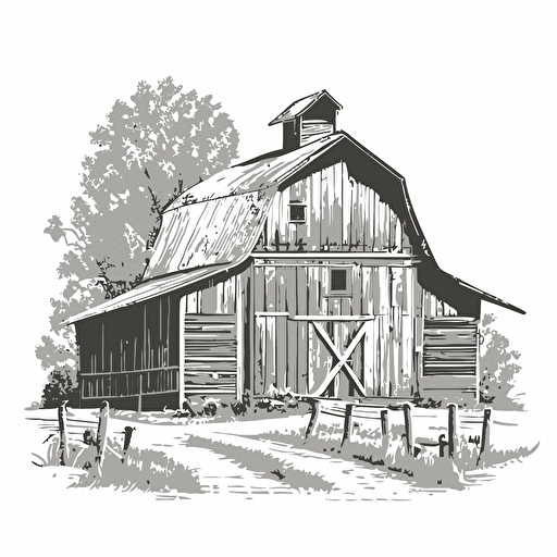 rustic barn in style of charles williams, black and white, flat, vector, line drawling, white background ar 1:1
