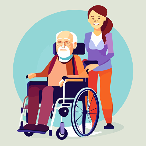 vector, female smiling caretaker, old man in wheelchair, white background