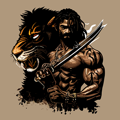 a black skinned prehistoric man with its toothsaber tiger, vector style