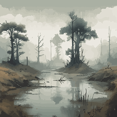 in vector art style, a Split level shot showing above and below the swamp water. The scene is murky, reflecting the gray sky above. Thick fog blankets the landscape, obscuring the trees and casting an eerie glow on the scene. The air is heavy with the scent of damp earth and decaying vegetation. Cyprus trees stand tall and gnarled, their roots dipping into the murky waters. The twisted branches are home to all flying insects, their wings a blur of movement in the mist. As you peer closer, you can see the shadowy depths of the swamp beneath the water's surface. Sluggish water creatures slink and slither through the tangled roots, unseen by those who walk above. It's a querulous landscape, full of mystery and hidden dangers. You can't help but feel a sense of unease as you make your way through the murky waters and tangled undergrowth