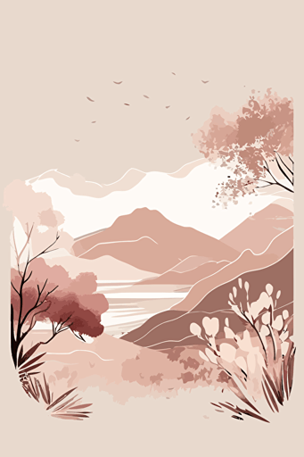 Dusty pink and beige watercolour landscape, minimalist, vector, contour