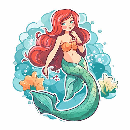 Mermaid, sticker, cartoon style, vector, White background,
