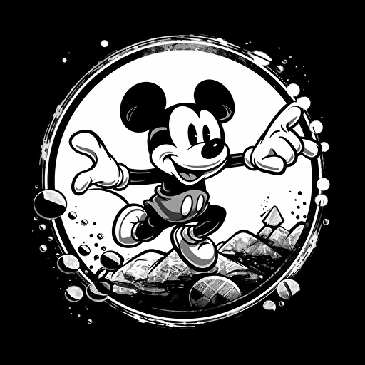mickey mouse jumping and dodging bullets, vector illustration, black and white, logo