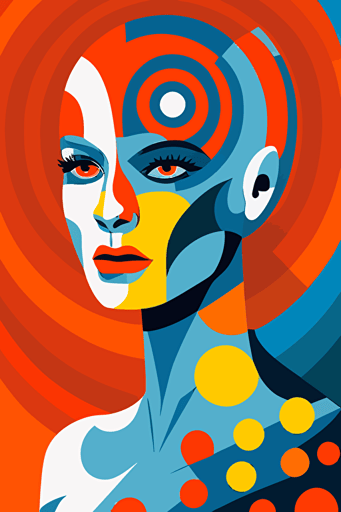 Cyborg, Concept art, stylized, in the style of Lauren Tamaki, Sonia Delaunay, Jon Mcnaught, Lisa Congdon, beksinski, solid colours, vectorised