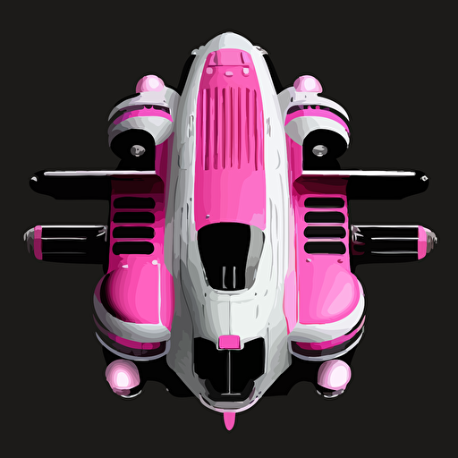 Hot pink and white space ship on black background, top-down view, clean, simple, no shadows, vector