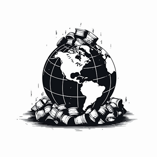 retro pictorial iconic logo of globe sitting in a pile of money. black vector. white background.