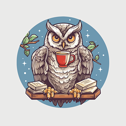 an owl reading a book, vector, illustration for sticker, illustrator, barista style, gray background, high resolution,