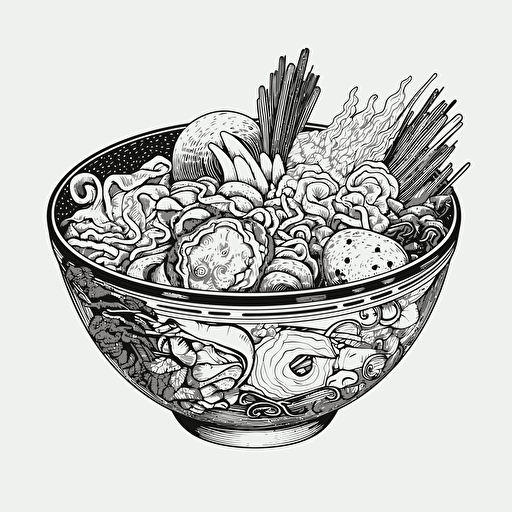 ramen bowl, black and white, vector art, white background