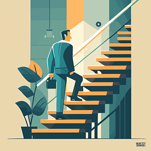 A man in casual business attire climbing a set of stairs in an office setting. flat style illustration for business ideas, flat design vector, industrial, light color pallet using a limited color pallet, high resolution, engineering/ construction and design, colored cartoon style, light indigo and light gold, cad( computer aided design) , white background