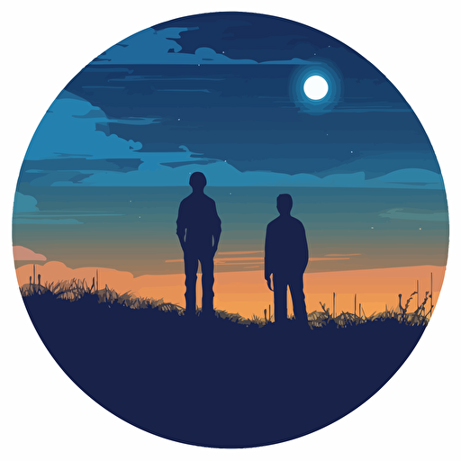 silhouette of two friends standing in an open field at night, vector art style, art inside a circle, blueish Color scheme, sad,