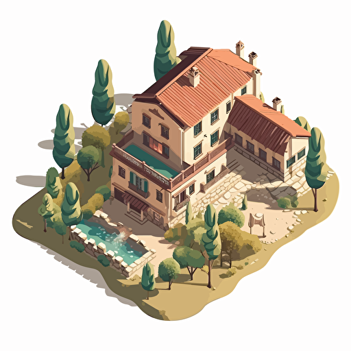 old spanish villa, single story, hill, forrest, picturisque, isometric, vector, kids