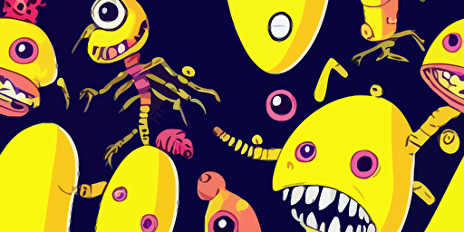 A cartoon vector style illustration of an alien monster with lots of eyes, colourful, fun, punk goth, vector illustration