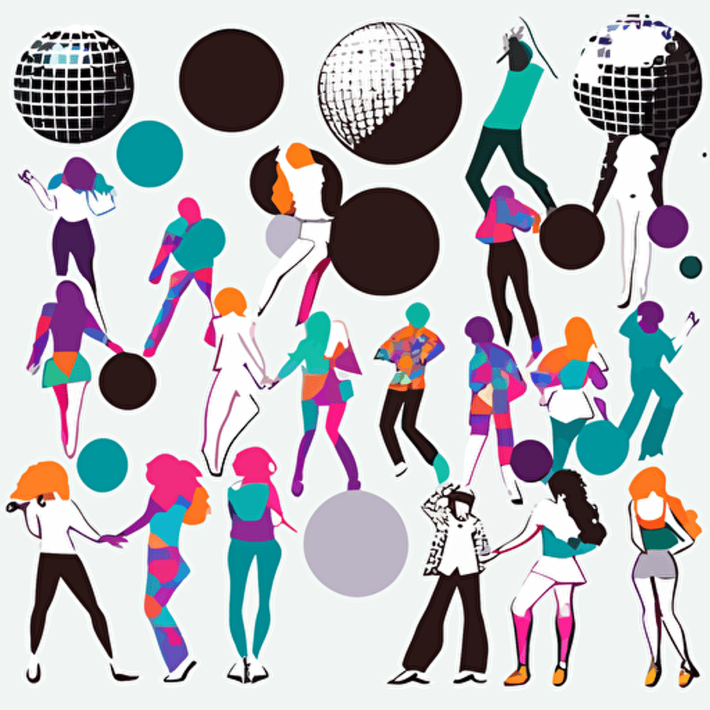 32 spaced out vectors 90s disco themed some people dancing some disco balls some cool typeface no shadows white background