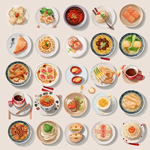 chinese delicious foods 2.5D birdview element designs set, colorful, modern, 2d, stock vector, svg, ai, light color, high quality