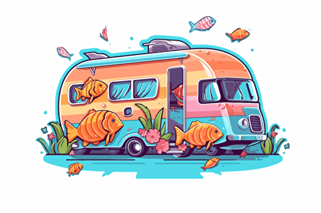 2d illustration, sealife 1970's trailer simple vector colorful sticker