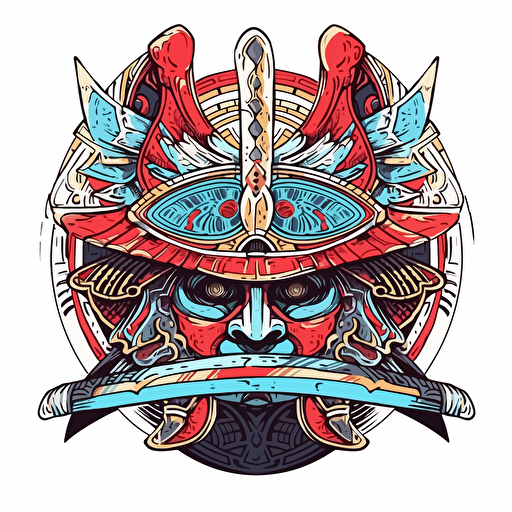 /relaxed Vector 2d creative design samurai helmet fierce style of Japanese anime art comic with great detail and incredible artistic perception of a kabuto, Alphonse Mucha detailing and style edge. circle with a white background, edge frame has amazing design detail with blue white red vivid contrast flying disc frisbee ethereal