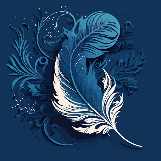 white ink, blue paper, doodles, curl, feather, flat, vector, plain background