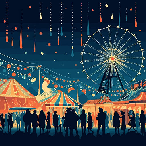 very simple vector illustration of a carnival at night with people, only a few colors