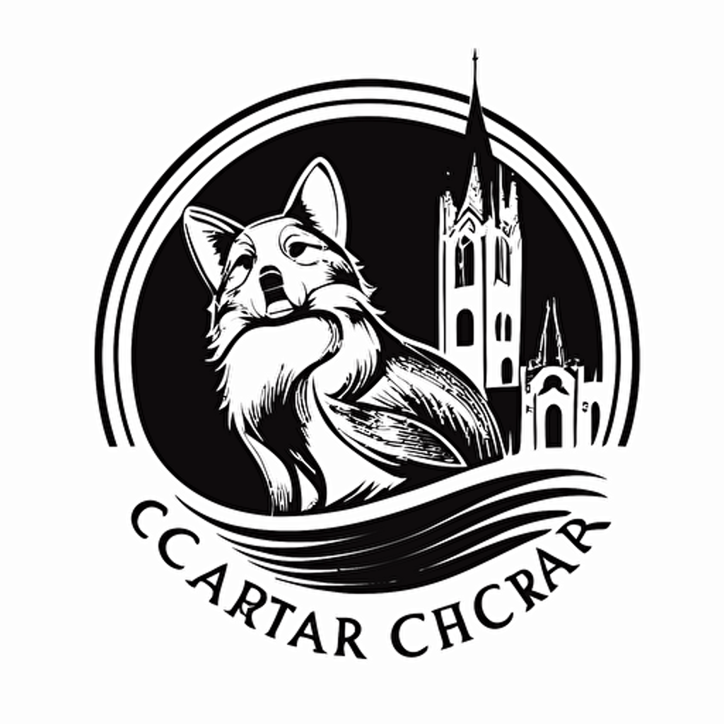 a creative logo for "McCarthy Choral", with a fox and a cathedral, black and white, flat vector