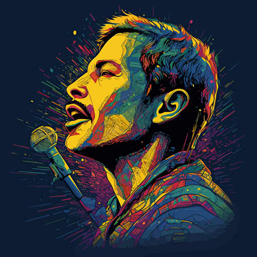 vector design of freddy mercury singing into microphone, intricate, colourful