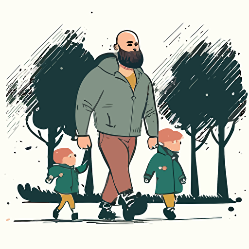 a bald bearded man walking with his two small children in a park, digital rendering, avatar image, simple clean vector