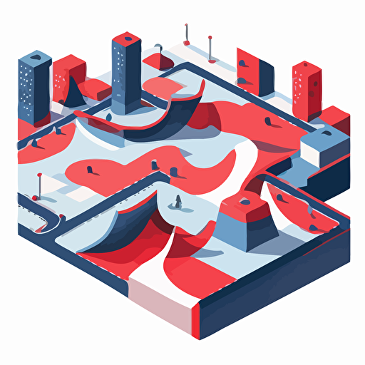 2d flat vector of a skatepark in Tokio, white background, dark blue and red colors