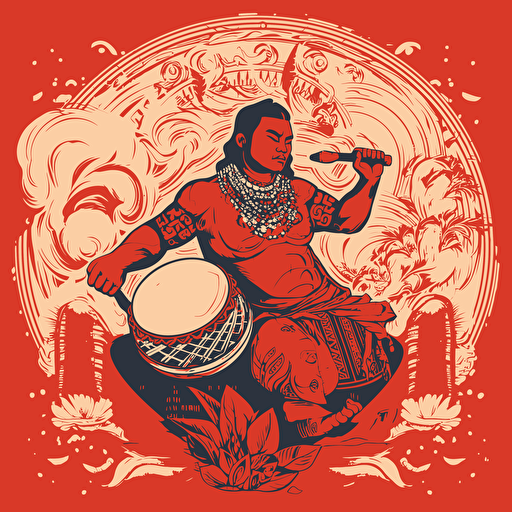 Craft a striking one-color vector illustration that showcases an exuberant Tongan warrior skillfully playing the traditional Tongan drums, known as nafa, while embodying the authentic cultural elements and vibrant heritage of Tonga.