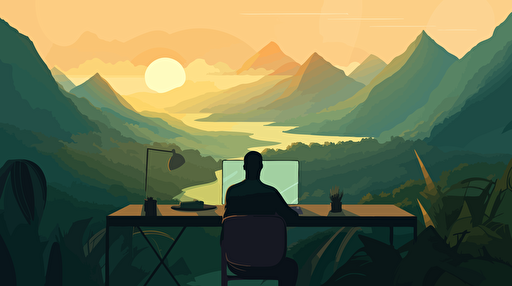 A lush valley with an olive-skinned man working on his computer in an outside office setting, there's a mountain range visible, it's daytime, and the feel of the image resonates with a web designer, vector art,