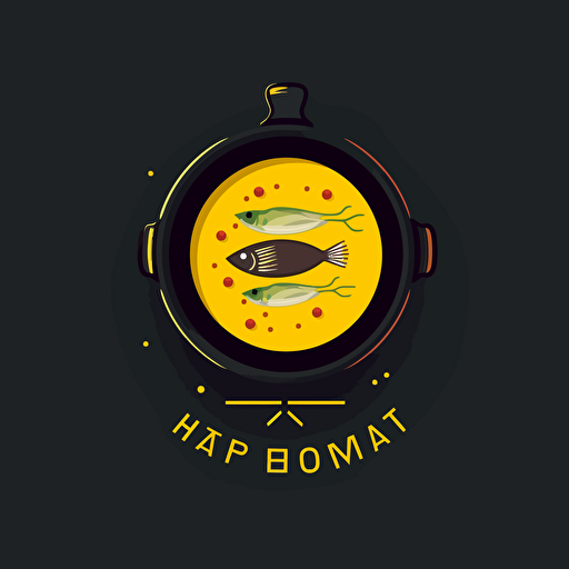 Simple logo design of hot pot restaurant, top view Hotpot with fish and meat inside, flat 2d, vector, company logo, by Kazi Mohammed Erfan, yellow color, black background