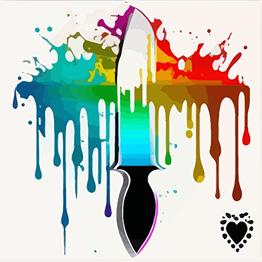 knife dripping with rainbow, hearts in background, on white back drop, vector image, isolated sticker, no border outline