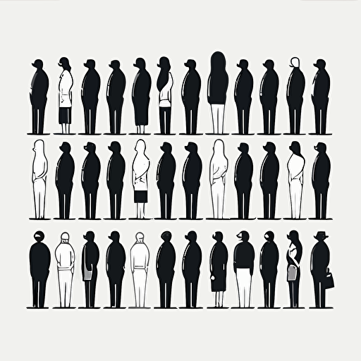 Create an illustration of 1 rows of 20 adult people standing flat style, vector black outlined minimalistic, white background