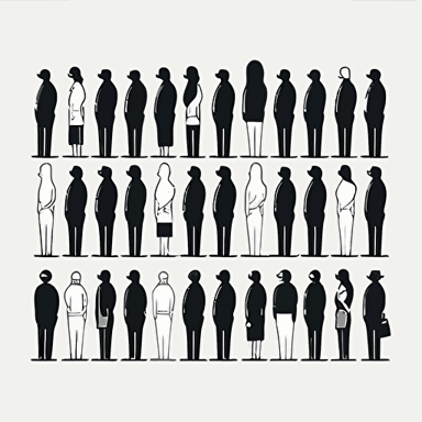 Create an illustration of 1 rows of 20 adult people standing flat style, vector black outlined minimalistic, white background