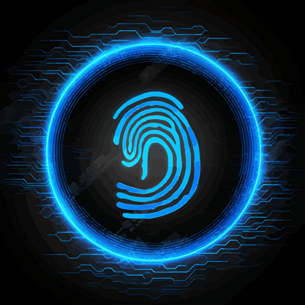neon fingerprint sign icon, neon vector illustration royalty free радела, in the style of focus on materials, detailed background elements, light blue and dark black, rounded shapes, flat backgrounds, hyper-detailed, cryptidcore