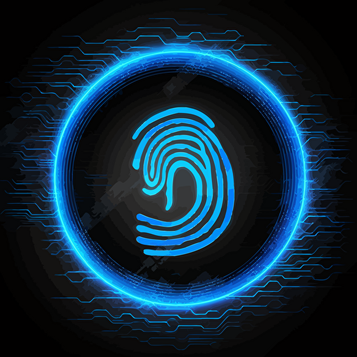 neon fingerprint sign icon, neon vector illustration royalty free радела, in the style of focus on materials, detailed background elements, light blue and dark black, rounded shapes, flat backgrounds, hyper-detailed, cryptidcore