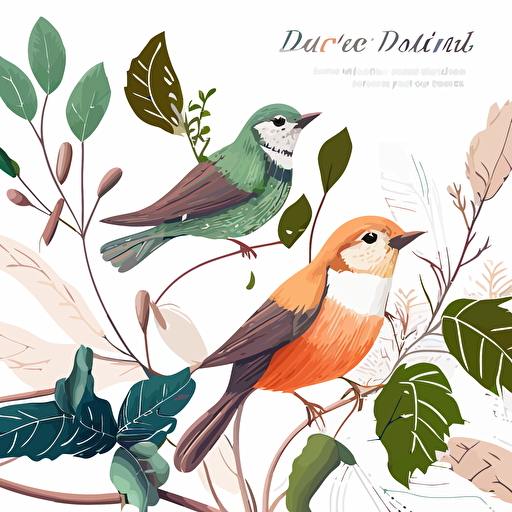 pdf vector drawing of cute birds with botanicals in background