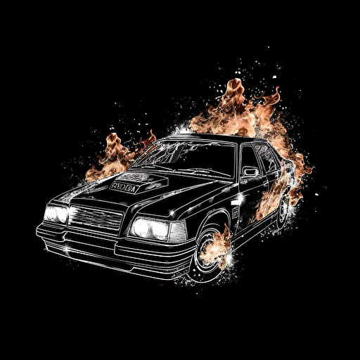 police car on fire white on black background, no shading, 2D, vector,
