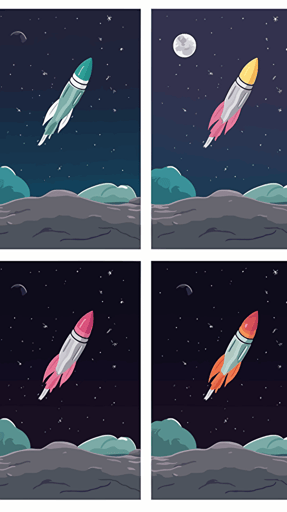 spaceship comics story of a starship rocket launching from ground, then flying in sky, going out of space and landing on moon, 2D, vector, simple