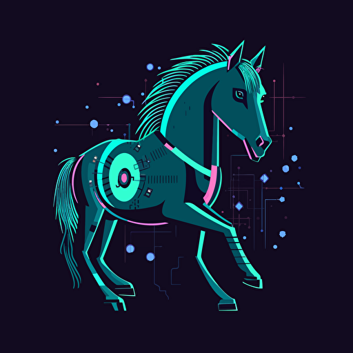 flat vector simple logo of a cyberpunk horse with circuts, blocky, centered, only solid colours