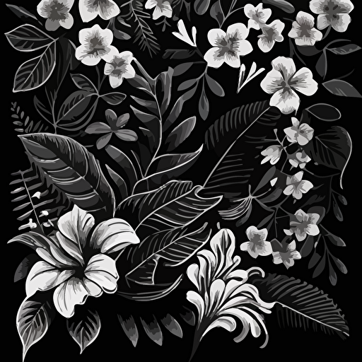 background design pattern leafs and flowers black and white, vector