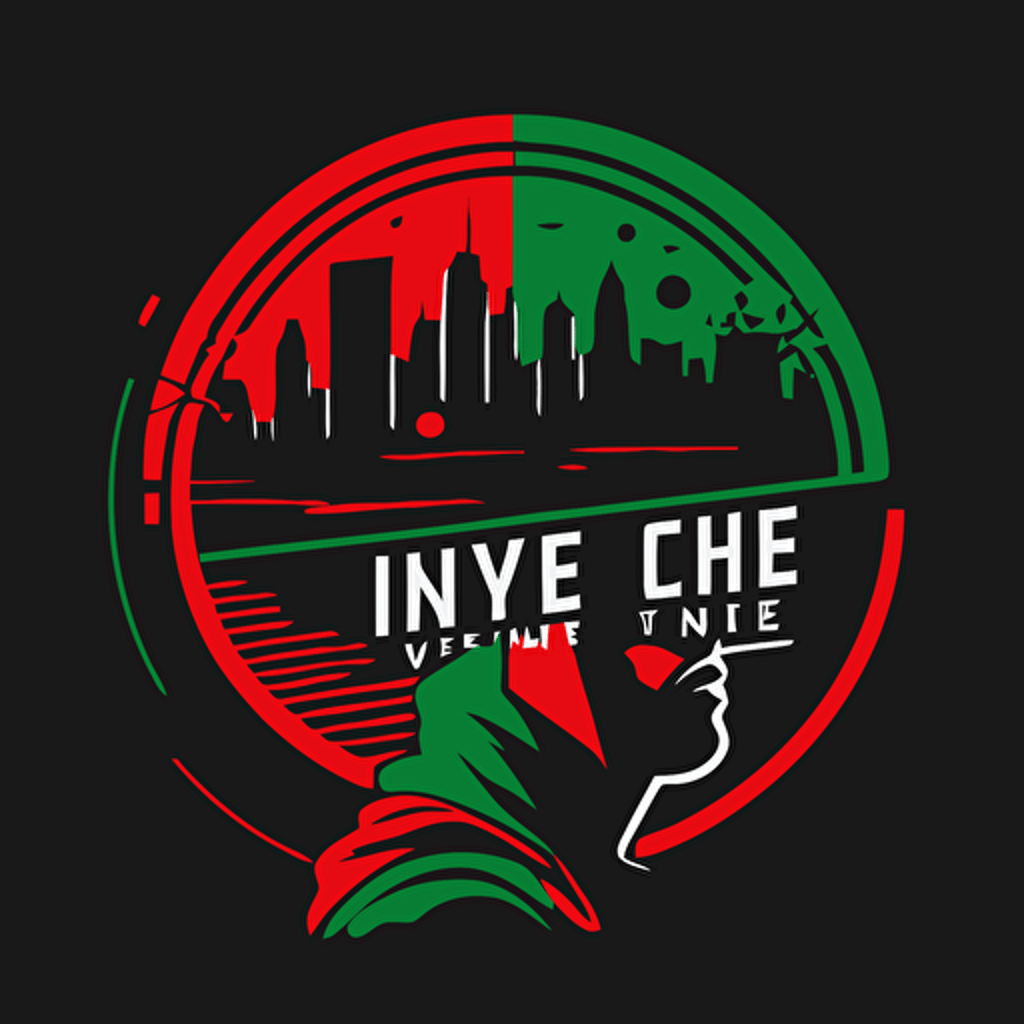 new york city view in a tribe called quest cover style, red and green on black background, vector illustrated simple logo, flat design