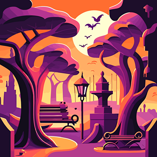 Inspired by Salvador Dalí's surrealism, create a vector illustration of a dreamy city park, where trees have melting clocks as leaves and anthropomorphic benches are having a conversation. Set the scene during a sunset with a purple and orange sky.
